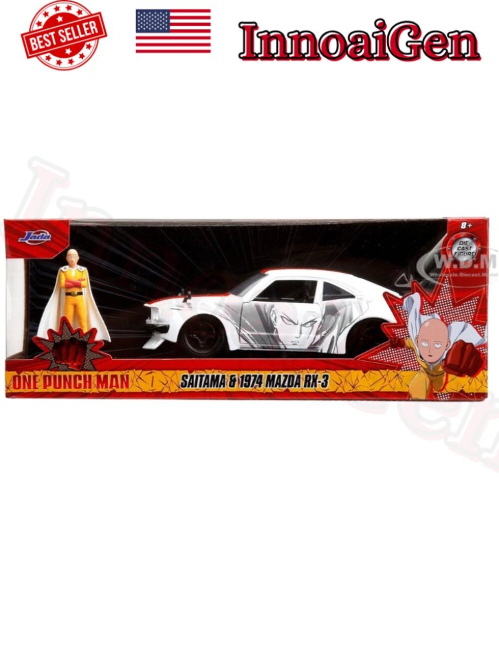 Jada One Punch Man Saitama 1974 Mazda RX-3 1:24 Diecast Car with Figure NIB